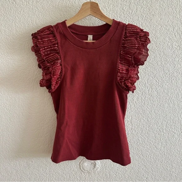 Anthropologie Burnt Red Fall Lurex Ruffle Sleeve Metallic Tank Blouse Shirt Sz S - Picture 4 of 9